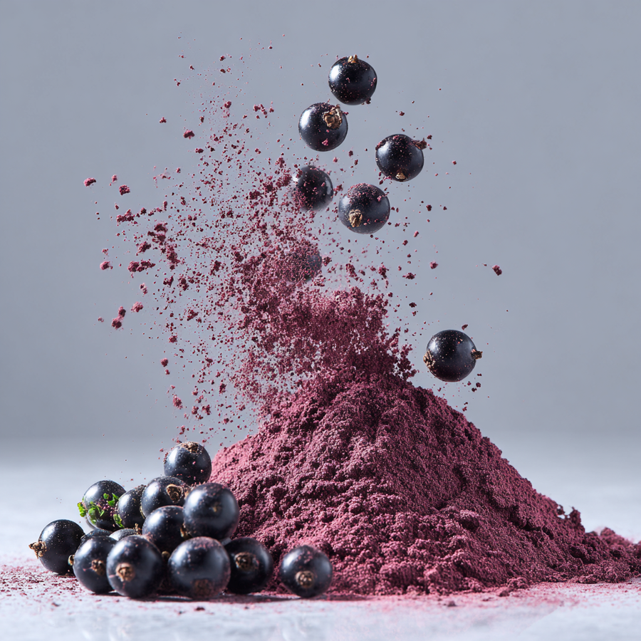 High Anthocyanin blackcurrants falling into a pile of blackcurrant powder